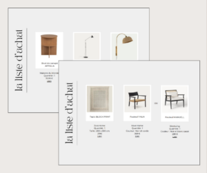 Liste d'achats des revêtements, du mobilier et de la décoration pour un séjour suite à un Rendez-vous Conseils à domicile