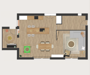 Plan 2D d'un séjour avec l'aménagement et la décoration proposé suite à un Rendez-vous Conseils à domicile